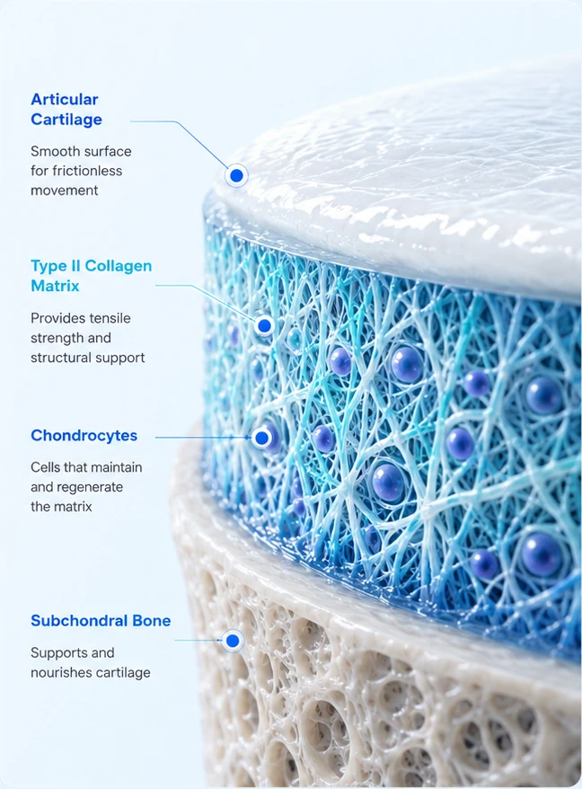 Layered cartilage structure showing the material context of Collagen Type II