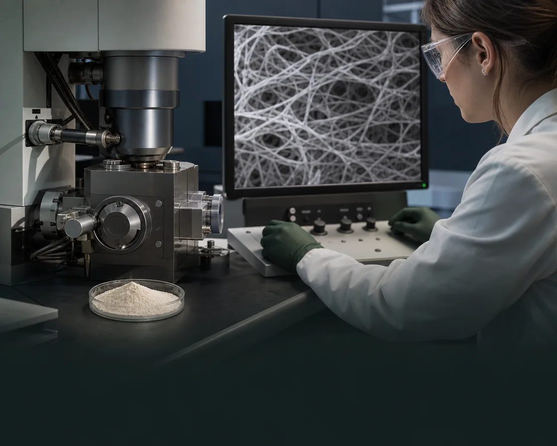 Laboratory scientist examining Collagen Type II powder with an electron microscope while a magnified fibrous structure is displayed